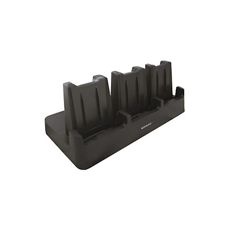 Schwarze Ladestation für Geräte, die auf einem weißen Hintergrund steht.