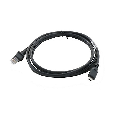 Ein schwarzes Kabel mit RJ45-Stecker an einem Ende und USB-C-Stecker am anderen Ende, auf weißem Hintergrund.