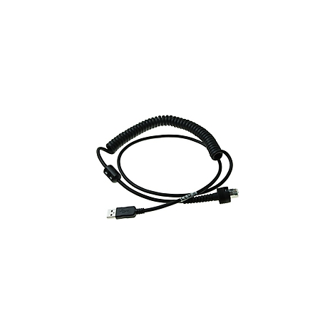 Schwarzes, spiralförmiges USB-Kabel mit Steckern.