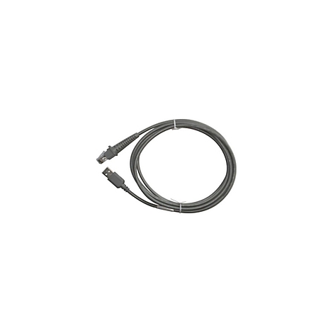 Graues Kabel mit einem USB-Anschluss und einem anderen Anschluss, auf weißem Hintergrund.