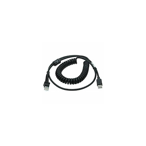 Schwarzes, spiralförmiges Kabel mit RJ45 und USB Anschlüssen.