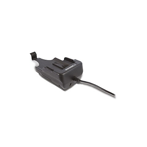 Schwarze Ladestation mit Kabel auf weißem Hintergrund.