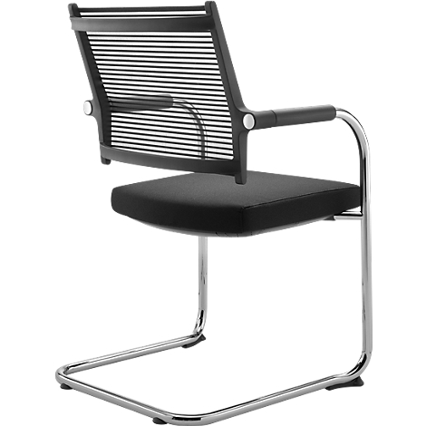 Black office chair with mesh back and armrests. The chair has a chrome frame and a black seat.