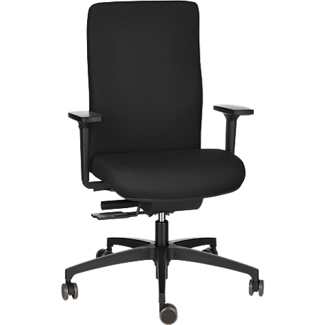 Black office chair with armrests and wheels against a neutral background.