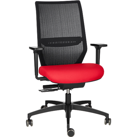 Office chair with a red seat, black mesh back, and armrests. On wheels.