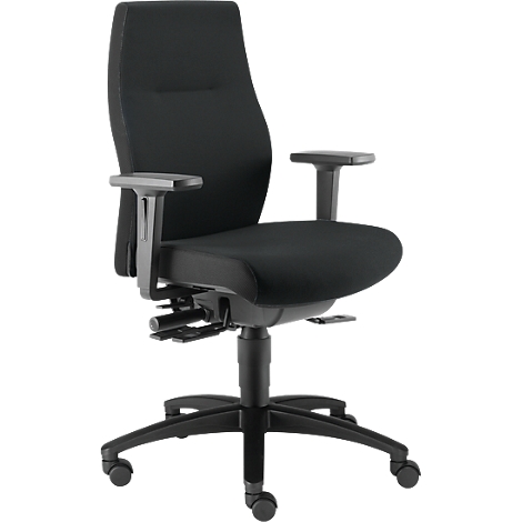 Black office chair with high back and armrests. On castors, height adjustable.