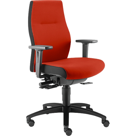 Office chair with red fabric upholstery and black details, armrests and base.