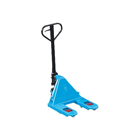 Blue pallet truck with black handle. Red accents.