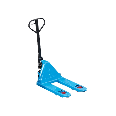 Blue pallet truck against white background.