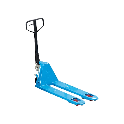 Blue pallet jack against a white background.