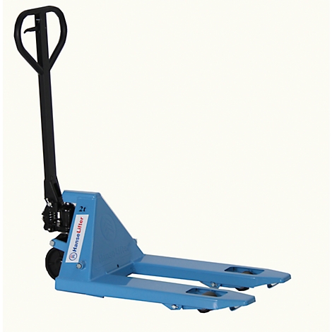 Blue pallet truck on white background. Black drawbar, "HanseLifter" logo.