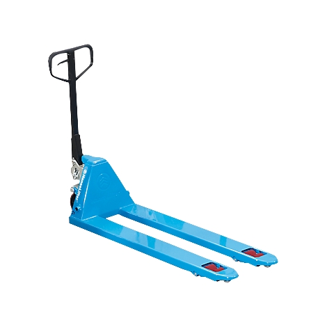 Blue pallet jack against a white background.
