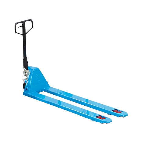Blue pallet truck with handle up, on white background.