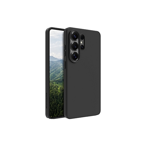 Un smartphone noir avec un étui, l'écran montre une forêt verte. Plusieurs caméras sont visibles à l'arrière.