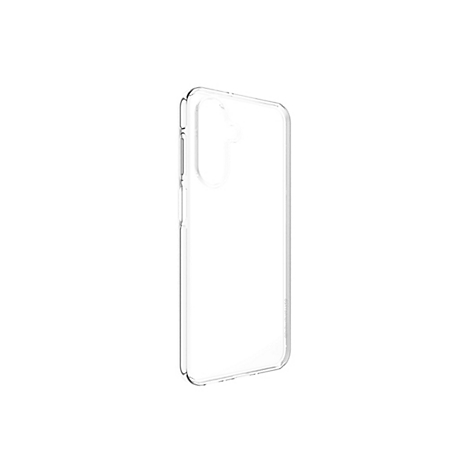 Coque de téléphone en plastique transparent. La housse de protection est présentée de côté, ce qui permet de bien voir la forme.