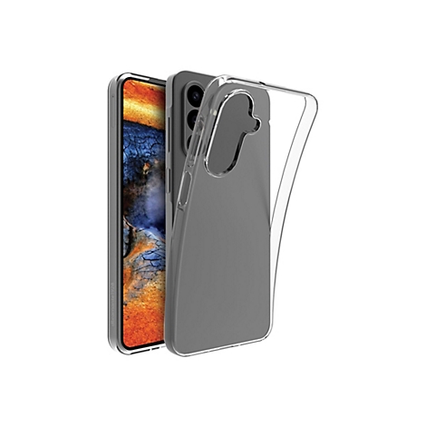 Un smartphone gris avec une coque de protection transparente, sur fond blanc.