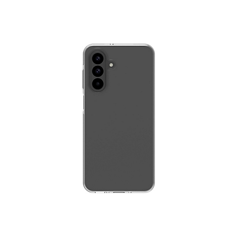Un smartphone gris dans une coque transparente, vue arrière. Triple caméra en haut à gauche.