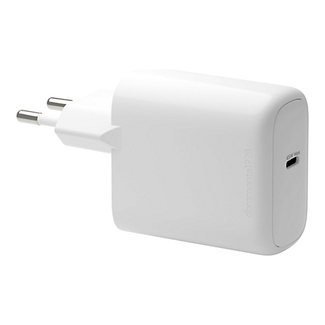Chargeur blanc, prise européenne, inscription 45W Max et port USB-C.