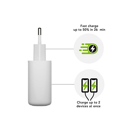 Un chargeur blanc avec des graphiques verts et noirs montrant une charge rapide et la charge simultanée de deux appareils.