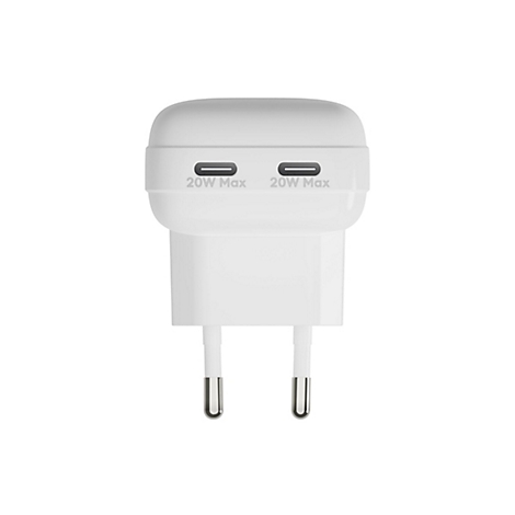 Chargeur blanc avec deux ports USB-C. Inscription : 20W Max. Deux broches pour la prise sont en bas.