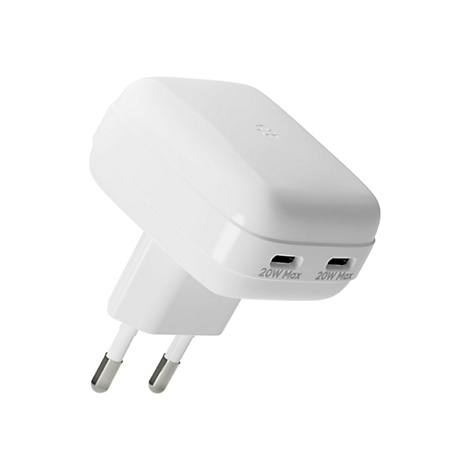 Chargeur blanc avec deux ports USB-C. Inscription 20W Max. Deux broches pour la prise de courant.