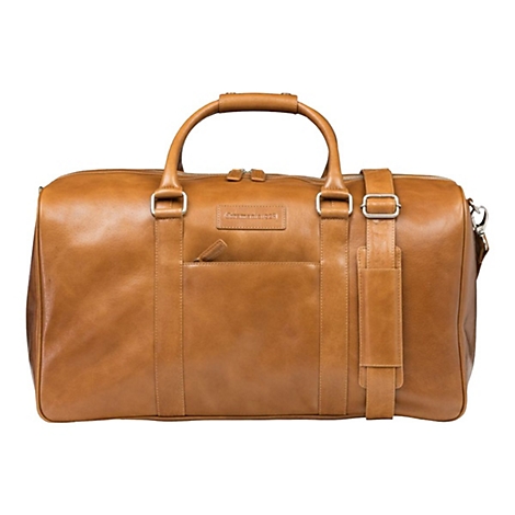 Braune Lederreisetasche mit Tragegriffen, Schultergurt und Reißverschluss. Auf der Tasche ist der Schriftzug 'Sutemarle1925' zu sehen.