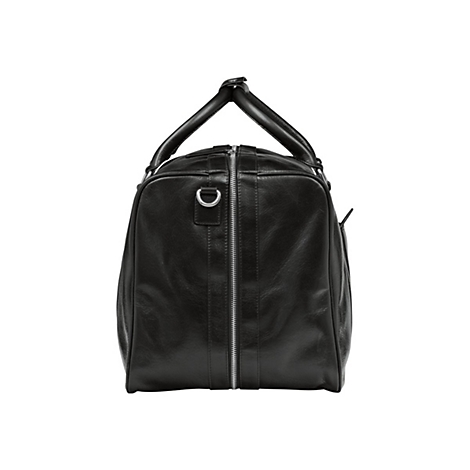 Schwarze Ledertasche mit Reißverschluss, Tragegriffen und einem D-Ring.