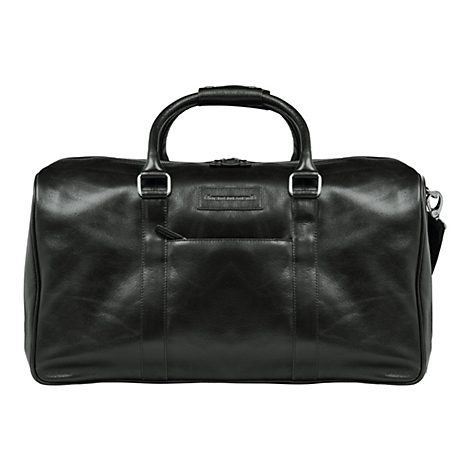 Schwarze Ledertasche mit zwei Griffen und Schulterriemen, Logo auf der Vorderseite.