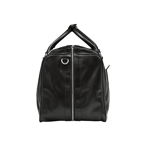 Schwarze Ledertasche mit Tragegriffen und Reißverschluss.