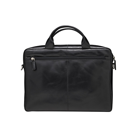 Schwarze Aktentasche mit Henkeln und Reißverschluss.