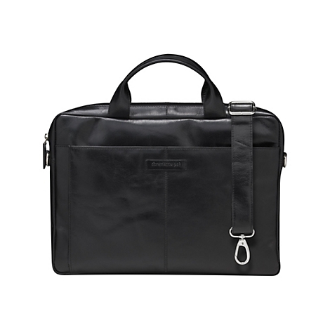 Schwarze Leder-Aktentasche mit Griffen und Schulterriemen, Logo-Prägung. 