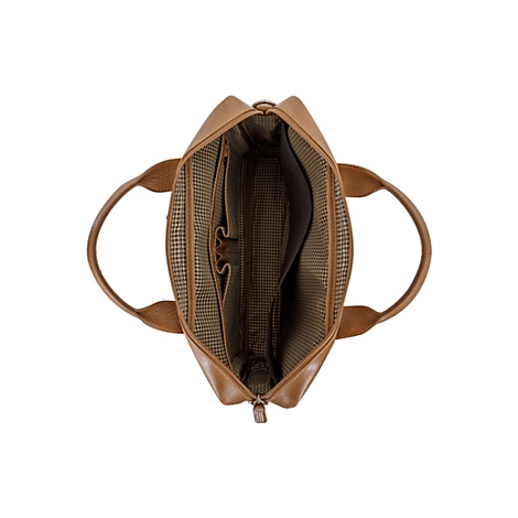 Offene, braune Ledertasche von oben. Innenfutter mit Karomuster. Trageriemen sind deutlich erkennbar. Reißverschluss ist geöffnet.