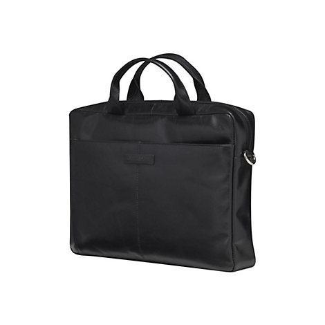 Sac en cuir noir avec poignées et fermeture éclair. Il y a une petite poche sur le devant et une plaque rectangulaire avec du texte.