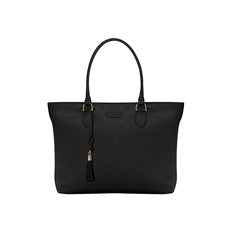 Sac fourre-tout en cuir noir avec anses et pompon, sur fond blanc.