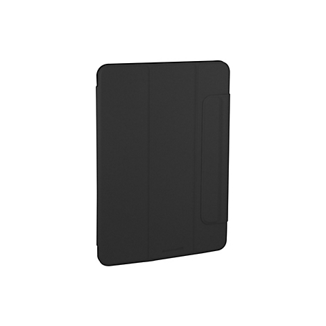 Schwarze Tablet-Hülle, die sich um das Tablet legt. Der Stifthalter ist zu sehen.