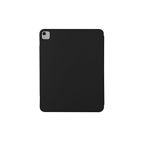 Schwarze Tablet-Hülle, Rückansicht. Ein rechteckiges Tablet-Gehäuse mit abgerundeten Ecken, Kameramodul oben links.