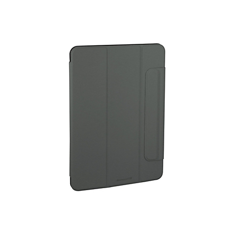 Graue Tablet-Hülle mit Standfunktion und Stifthalter, auf weißem Hintergrund. Der Herstellername ist unten rechts platziert.