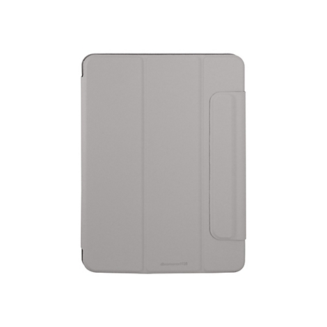 Hellgraue Tablet-Hülle, dreifach faltbar, mit schmaler, vertikaler Halterung. Unten rechts befindet sich der Schriftzug dbramante1928.