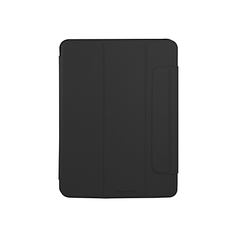 Schwarzes Tablet-Case, mit Markenname, auf weißem Grund.