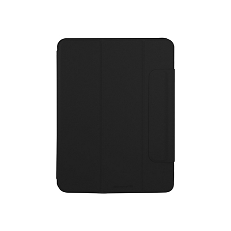 Schwarze Tablet-Hülle mit Klappdeckel und einer Aussparung für einen Stift.