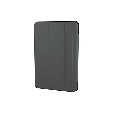 Graue Tablet-Hülle mit geschlossenem Deckel und Halterung.