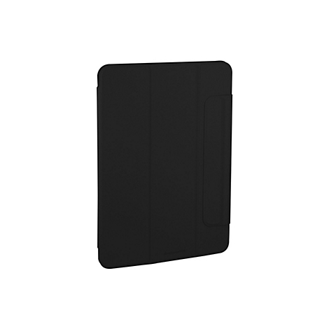 Schwarze Tablet-Hülle, rechteckig, mit einem Fach für einen Stift. Der Markenname steht unten rechts.