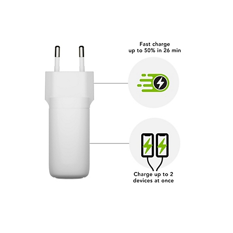 Chargeur blanc avec deux prises. Texte : Charge rapide jusqu'à 50 % en 26 minutes. Peut charger jusqu'à 2 appareils à la fois.