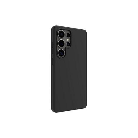 Coque de téléphone noire avec découpe pour l'appareil photo sur fond blanc. L'étui entoure le téléphone, y compris l'appareil photo.