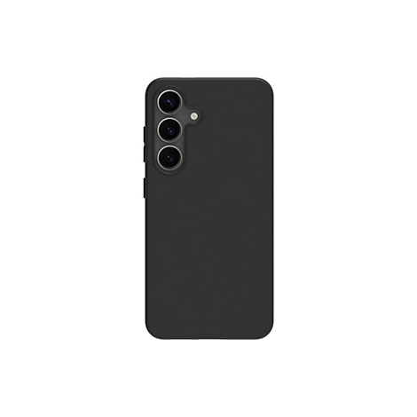 Smartphone noir avec triple caméra et étui sur fond blanc.