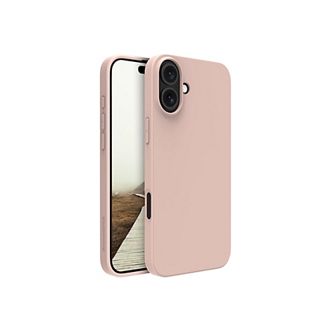 Coque de smartphone rose clair. Dos et écran visibles, logo en bas.