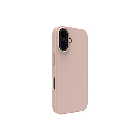 Coque de téléphone rose clair de profil, avec découpe pour l'appareil photo et boutons latéraux. Fond blanc.
