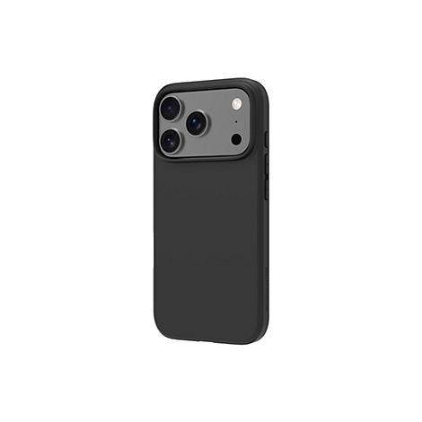 Coque de smartphone noire, triple caméra à l'arrière, détails visibles.
