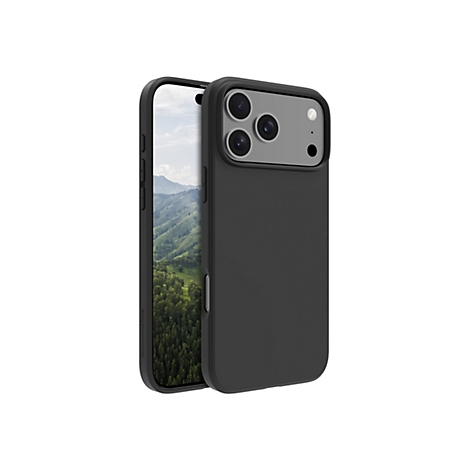 Smartphone noir avec coque, écran affichant un paysage. Commandes à gauche, appareil photo à droite.