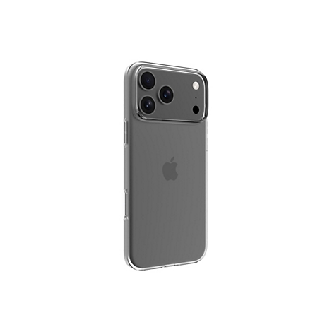 Un iPhone dans une coque de protection transparente, sur fond blanc. L'unité caméra est bien visible, le logo Apple est au dos.